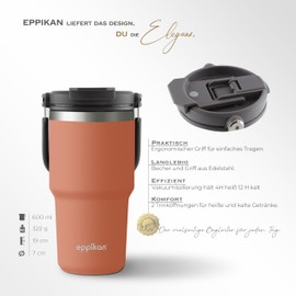 eppikan eppiDuo Stainless Steel Thermal Mug with Straw, Two Drinking Openings for Hot and Cold Drinks - Thermos Flask with Folding Carry Handle for On the Go (Terracotta, 600 ml)