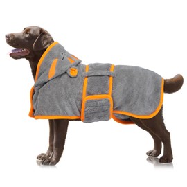 OUOBOB Super Absorbent Dog Drying Coat & Bathrobe - Microfiber Towel Robe with Hood & Adjustable Straps for Large Dogs XL (Golden Retriever, Labrador)