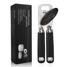 Safring Can Opener Manual, Heavy Duty Stainless Steel Smooth Edge Can Opener With Soft Touch Handle, Oversized Handheld Easy Turn Knob, Multi-Function Bottle Opener, Black