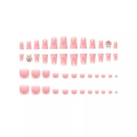 48Pcs Pink French Tips Press on Toenails Short Duck Press on Nails with Rhinestones Butterfly Charm Design Glossy Glitter Fake Toenails Full Cover Nails Summer False Nails for Women Girls Manicure