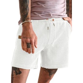 JMIERR Men's Waffle Shorts Summer Leisure Stretch Elastic Waist with Pockets, White