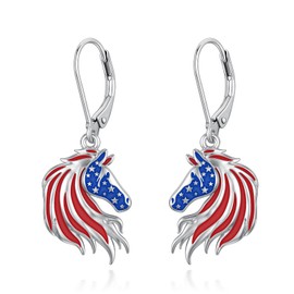 Shusukue Horse American Flag Dangle Earrings 925 Sterling Silver 4th of July Drop Earrings Patriotic Leverback Earrings Independence Day Jewelry Gifts for Women