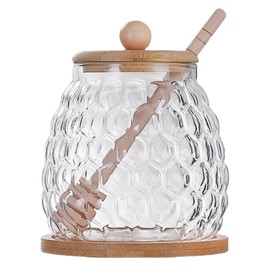 Glass Honey Pot Honey Jar with Spoon and Lid Glass Honey Equipped with wood Honey Stick And tray, For home kitchens（350ml）