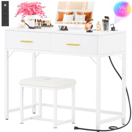 Cyclysio Vanity Desk with Charging Station, White Makeup Vanity with Lighted Mirror, Tri-Fold, Small Vanity Set with Drawers and 3 Outlets & 2 USB, 36'' Vanitys with Stool, Dressing Table, White