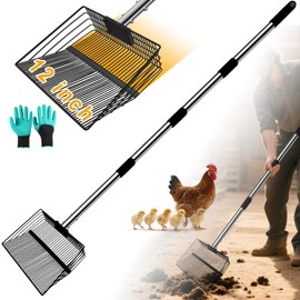 Chicken Poop Scooper, 12" Chicken Coop Scooper for Sand with 2 Slot Widths, Large Chicken Coop Litter Scoop Sifting Shovel with 23 to 66" Adjustable Handle, Heavy Duty Chicken Coop Accessories