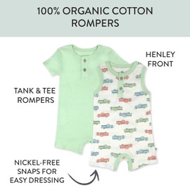 HonestBaby Short Sleeve and Tank Romper 100% Organic Cotton for Infant Baby and Toddler Boys, 2-Pack Farm Fleet