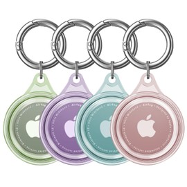BuFan Paquete de 4 Funda Impermeable para AirTag con Llavero, Carcasa Cuerpo Completo Anti-Arañazos Air Tag Llavera Soporte para Niños, Collar de Mascota (Azul/Morado/Rosa/Verde)