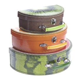 TURBO PRODUKTE 3-Piece Set Children's Suitcase - Play Case for Girls and Boys Round with Fruit Motif Melon, Orange, Kiwi - Ideal for Travel and Order in the Children's Room, orange