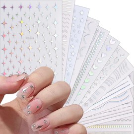12 Sheets Star Nail Art Stickers 3D Self Adhesive Silver Heart Nail Stickers Geometric Line Nail Decals Holographic Stripe Nail Designs for Women Nail Art Supplies Manicure