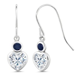 Gem Stone King 14K White Gold 5MM Heart Shape Moissanite and 3MM Round Blue Sapphire French Wire Dangle Earrings | Gemstone Birthstone | 1.14 Cttw