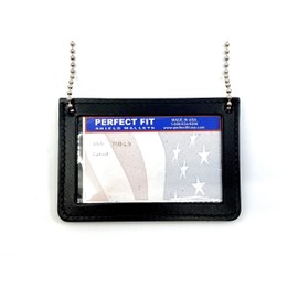 Neck Chain Double Sided ID Holder with 2 Clear Picture ID Windows, Leather Badge for Credential Pass to Wear Around The Neck for Police Law Enforcement, Factory Worker (Black) (Horizontal)