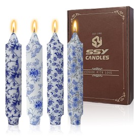 Floral Candle Sticks Printed Candlestick 4 pcs Blue and White Porcelain Unscented Taper Candle Long 7 inches Blue Flower Tapered Candles for Home Dinner Wedding Holiday