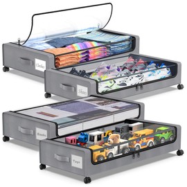 Beborxue Under Bed Storage with Wheels, 4-Pack Underbed Storage Containers with Clear Lids, XXL 60L Under the Bed Storage Organizer Bins, Rolling Under Bed Metal Drawer for Clothes,Shoes,Toys (Gray)