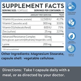Vitaminerals AZACT | Vitamin A | Vitamin C | Vitamin D3 | Zinc | Lysine | Quercetin | 60 Vegetable Capsules