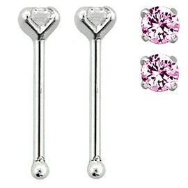 22G Sterling Silver CZ Crystal Gem Prong Set Nose Bone Stud (Pink - Set of 2)
