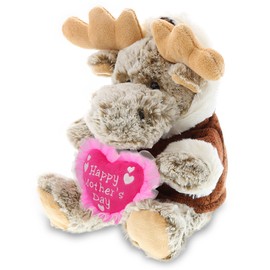 DolliBu Happy Mother's Day Super Soft Plush Sitting Moose with Sweater - Cute Stuffed Animal with Pink Heart Message for Best Mommy, Grandma, Wife, Daughter - 9" Inches