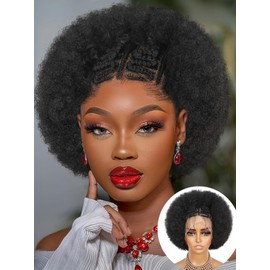 Fancy Hair Cornrow with Afro Puff Wig 13x4 HD Lace Front Zig Zag Sttiches Pre-Braided Pre Plucked Wig with Baby Hair for Black Women Transparenet Lace Frontal Natural Hairstyle