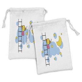 Ambesonne Star Fabric Pouch Set of 2, Girl on Ladder Hanging a Star in the Night Sky with Half Moon Cartoon Picture, Small Drawstring Bag for Toiletries Masks and Favors, 9" x 6", Yellow Blue