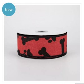 Expressions Red Ribbon Black Paw Prints & Dog Bones 1.5" Paw Print Wired 10 Yard Roll 1 1/2"