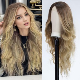 EMMOR Long Ombre Blonde Wavy Wig for Women, Lace Front Wigs with Natural Look, 26 Inch Middle Parting Curly Wig