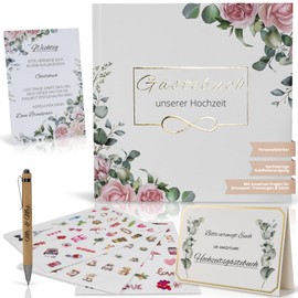 PrioFamily® Premium Wedding Guest Book with Questions to Fill in, Place Cards, Stickers, Pen, Stand, Elegant Gold Embossing, 50+ Guests, 21 x 21 cm, Memories for Eternity (Pink + Eucalyptus Set)