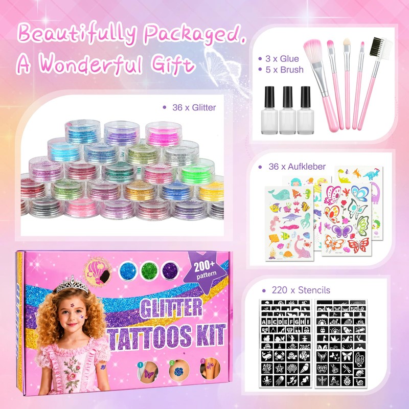 Children's Glitter Tattoo Set, 36 Colours, Waterproof Glitter Tattoos