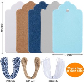 Primbeeks 125 Pcs Premium Gift Tags, 5 Colors Kraft Paper Tags with String, Double-Sided Available Price Colored Greeting Hanging for Christmas Gift DIY Crafts Party Favors