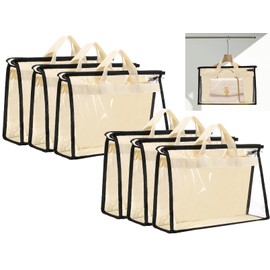 Erinnmy 6 Pack Dust Bags for Handbags,Clear Handbag Storage Organizer,Purse Storage Bag with Zipper and Handle,Transparent Purse Protector Storage Bag,Handbag Dust Bags for Closet(Beige,Small)
