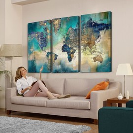 Pogusmavi Canvas Wall Art for Living Room - World Map Wall Decor - Large Wall Art for Bedroom - Office Artwork - Map Wall Art 16"x32" 3 Piece Canvas Wall Art