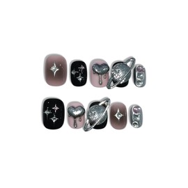 TENPAL Handmade Press On Nails 10 Pcs with Tools Kit,Sweet Goth Pink Black Celestial Stars Glue on Nails Square, Glossy Cute Y2K False Nails,Short Coffin Glam Reusable Fake Nails for Rave Party(S)