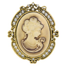 Gyn&Joy Vintage Brooch Pin Womens Clear Crystal Rhinestones Antique Gold Victorian Cameo Lady Pendant