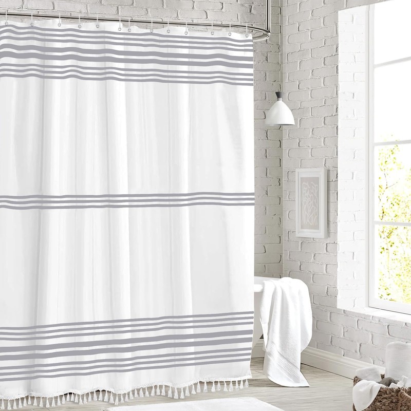 Seasonwood Grey and White Shower Curtain with Tassels Modern Farmhouse