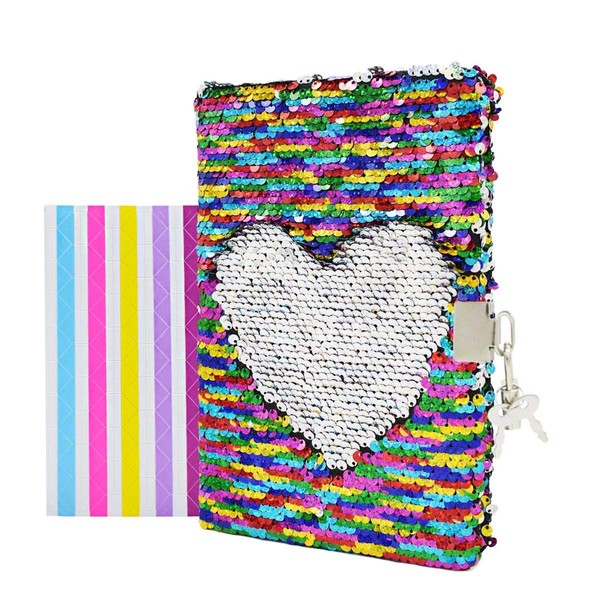 VIPbuy Magic Reversible Sequin Notebook Diary Lined Travel Journal with Lock and Key for Kids Girls, Size A5 (8.5" x 5.5"), 78 Sheets, Rainbow to Silver