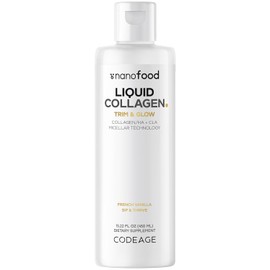 Codeage Suplemento de Colágeno Líquido Sabor Vainilla, Beauty Trim & Glow, Péptidos de Colágeno Liposomal, Ácido Linoleico Conjugado Con Cla, Ácido Hialurónico, Vitamina E, Hidrolizado, Sin Omg, 453 M