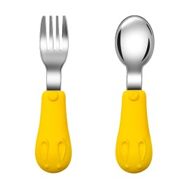 Jmbabe Toddler Fork and Spoon, Stainless Steel Baby Utensils Cutlery Set, Stainless Steel Self Feeding Spoon and Fork, Children Flatware Weaning and Learning to Use