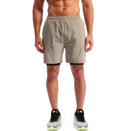 Pudolla Pantalones cortos 2 en 1 para correr para hombre, de secado rápido, 17,78 cm, para gimnasio, con bolsillos para teléfono, Caqui, 3X-Large