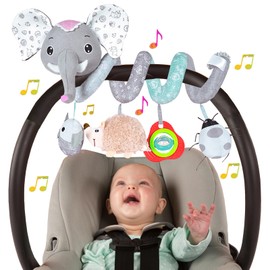 Baby Car Seat Toys, Infant Activity Spiral Toys Hanging Stroller Toys for Baby with Musical Owl Rattles Hedgehog Beep Ladybug Squeaker - Gray Elephant Toys for Newborn Baby 0 3 6 12 Months