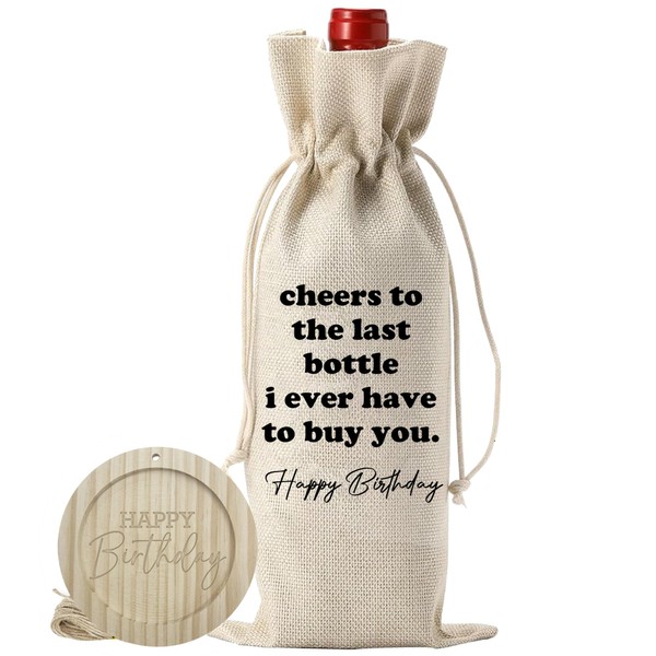 Burlap Wine Bags With Drawstrings & Wood Coaster-Cheers To The