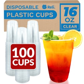 Reli. Plastic Cups 16 oz (100 Pack) | Clear Plastic Cups Disposable | PET Clear Disposable Bulk | 16oz PET Drinking Containers for Party, Iced Coffee, Cold Drinks, Smoothies, To Go