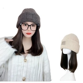 Wig with Hat, Wavy Knit Hat Wig for Women, Hat with Hair, Nape Coverage, Natural Wig, Insulating Long Curly Wig, Winter Knit Cap Wig Hat, Removable, Daily/Medical Use