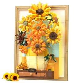 NUTCRACKER Sunflower Building Set with Sensor Light, 3D Van Gogh Flower Bouquet Painting Frame, Floral Building Blocks as Wall Art, Valentine's Day & Birthday Gift for Art Lovers (1166 PCS)