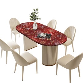 Christmas Oval Fitted Tablecloths, Winter Gold White Snowflake Elastic Edged Stretch Table Cover, for Indoor Family Banquet and Outdoor Patio Use, 48" x 68" (Oval)