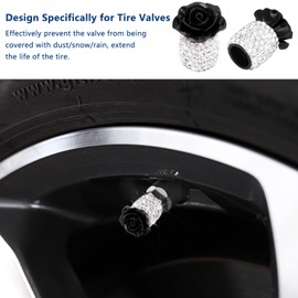 Bling Valve Stem Caps 4 Pack Rose Flower Tire Valve Caps Universal Rhinestones Stem Covers for Bling Car Accessories SUVs Bike and Bicycle Trucks Motorcycles (Black)