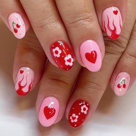 Red Press on Nails Almond Fake Nails Short False Nails with Heart Flower Design Glue on Nails Glossy Full Cover Stick on Nails Flame Acrylic Nails for Women Manicure 24Pcs