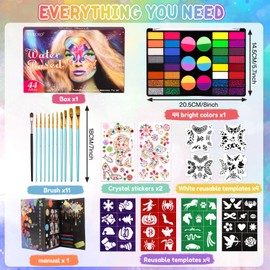 MKAKYES Truccabimbi Kit, 44 Colori Truccabimbi Kit Anallergici Atossici, Trucca Bimbi con 11 Pennelli, 36 Stampini, 2 Stencil a Diamante, per Halloween Carnevale Natale Party