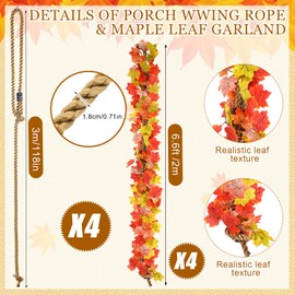 Seenelling 4 Pack Porch Swing Bed Rope Hanging Kit with Fall Maple Leaf Garland Decoration, 800 lbs Adjustable Heavy Duty daybed Swing Rope Straps for Porch Thanksgiving Garden Playground,10ft Length