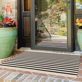 KOZYFLY Black and Beige Striped Porch Rug 27.5x43 Inches Area Rug Washable Outdoor Doormat Front Door Mat Cotton Striped Indoor Outdoor Rug for Front Door Kitchen Entryway Patio Porch