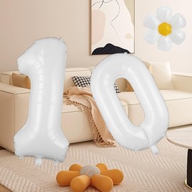 YFHVJTKO 32 Inch White Number 10 Daisy Balloons Set，10th Birthday Party Decorations, 10 Daisy Balloons, Daisy Foil Balloons for Party, Birthday, Baby Shower, Wedding Décor,Daisy Party Supplies 10