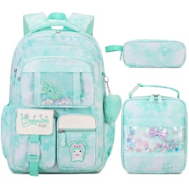 Jafeton Backpacks for Girls, Girls Backpack with Insulated Lunch Box and Pencil Case for Kids Teens Elementary Middle High School Student, Cute Bow School Bag Travel Daypacks Book Bag Set (Green)