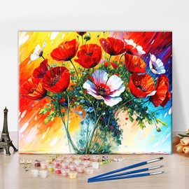 TISHIRON Colourful Poppy Painting by Numbers Red Flowers Oil Painting by Numbers for Adults Beginners DIY Animal Oil Painting Kit for Adults with Brush and Acrylic Pigment Crafts Wall Decor 16 x 20 cm